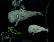 a cartoon of a whale and a frog with a disney logo in the background
