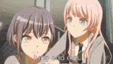 a couple of anime girls standing next to each other with the words juno and eva in the corner
