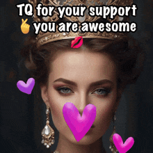a woman with a crown on her head with hearts around her face