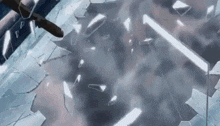 a close up of a broken glass window with a sword in the background .