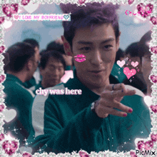 a picture of a man with purple hair and the words " i love my boyfriend " on top