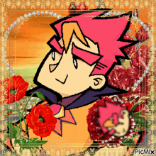 a cartoon of a man with pink hair is surrounded by red flowers and picmix