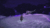a person riding a horse in the snow with a purple light behind them