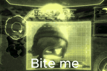 a picture of a person with the words " bite me " on it