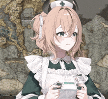 a girl in a maid outfit is holding a game controller in front of a map that says marker on it