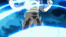 a cartoon character is standing in a dark room with a blue light coming out of his hands .
