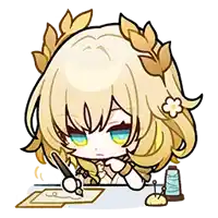 a cartoon of a girl with a wreath on her head sitting at a table holding a pen .