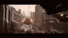 a train is going down the tracks with a jet flying overhead .