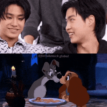 a couple of boys sitting next to each other and a cartoon of lady and the tramp