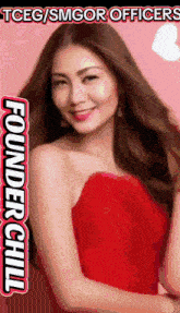 a picture of a woman in a red dress with the words founder chill on it