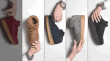 four different pairs of shoes are being held by a person