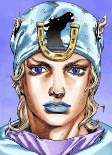 a drawing of a man with a horseshoe on his hat