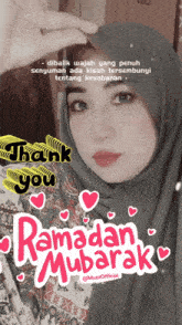 a woman wearing a hijab is surrounded by the words thank you ramadan mubarak