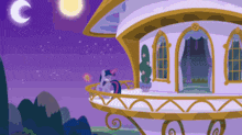 twilight sparkle sits on a balcony in front of a house with a crescent moon in the background