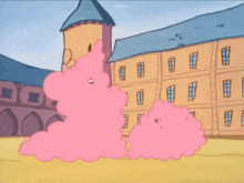 pink smoke is coming out of a building in a cartoon scene