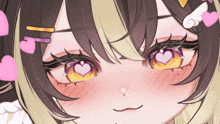 a close up of a girl 's face with hearts around her eyes