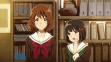 two anime girls are standing next to each other in front of a bookshelf with binders that say ' a ' on them