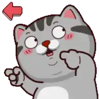 a cartoon cat pointing to the left with a red arrow behind it