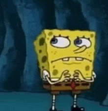 spongebob squarepants is making a sad face while standing in front of a blue wall .
