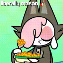 a cartoon of a cat eating a plate of food with the words literally mason below it