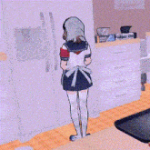 a girl in a sailor suit is dancing in a kitchen .