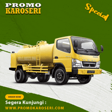 a yellow tanker truck is advertised on a green background