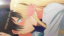 a man and a woman are kissing and the woman has pink hair