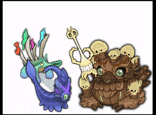a cartoon drawing of a seahorse and an owl with skulls