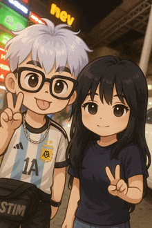 a boy and a girl are posing for a picture and the boy is wearing a 1a shirt