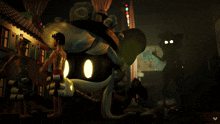 a cartoon character is standing in front of a sign that says us