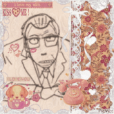 a drawing of a man with glasses and a pink phone that says kiss me