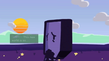 a cartoon drawing of a person holding a purple object with the words " this new world is so " below it