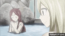 two anime girls are standing next to each other in a hot tub .