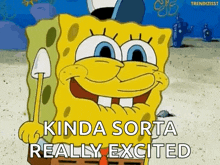 spongebob squarepants is smiling and saying `` kinda sorta really excited '' while holding a shovel .