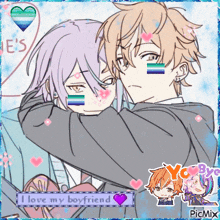 a picture of a boy hugging another boy with the words i love my boyfriend