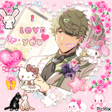 a picture of a man with a hello kitty surrounded by hearts and pearls says i love you