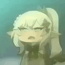 a pixel art drawing of a girl with a ponytail and a bow tie making a funny face .