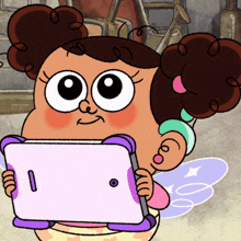 a cartoon girl is holding a tablet with the letter i on the screen
