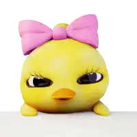 a yellow cartoon duck with a pink bow on its head