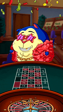 a cartoon drawing of a cat playing roulette with the numbers 1 through 9 on the table