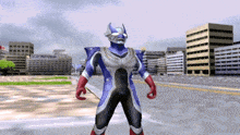 a cartoon character is standing in front of a city with buildings in the background