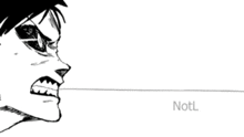 a black and white drawing of a person kicking a ball with the word notl below it
