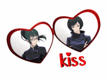 a couple of hearts with the word kiss in red