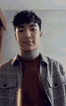 a young man wearing a plaid shirt and a brown shirt looks at the camera