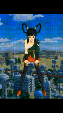 a cartoon character is standing in front of a city with a blue sky in the background