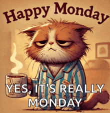 a grumpy cat is holding a cup of coffee and says happy monday