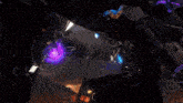 a purple and yellow light is coming out of a dark room