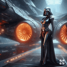 a female darth vader stands in front of a space ship