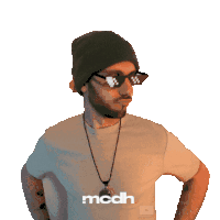 a man wearing sunglasses and a beanie with the word mcdh on the bottom
