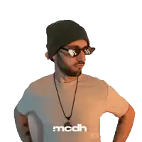 a man wearing sunglasses and a beanie with the word mcdh on the bottom
